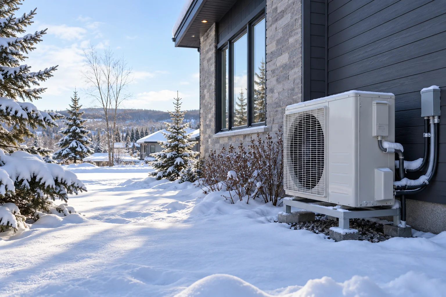 Thermopompe extérieure installée près d’une maison dans un paysage enneigé