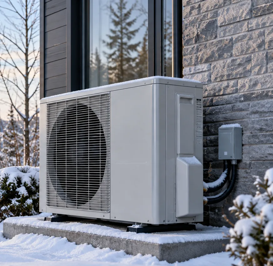 Thermopompe extérieure installée dans un environnement hivernal à Québec