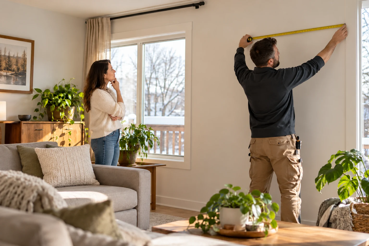 Un spécialiste mesure un emplacement possible pour une thermopompe murale dans le salon